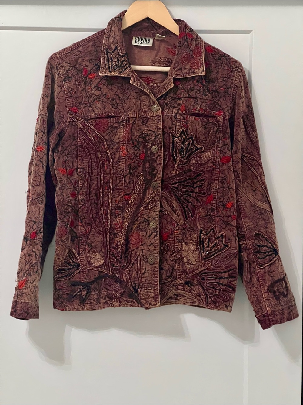 Vintage Chico’s Design Embroidered Art to Wear Jacket Brown Mauve Beaded 0